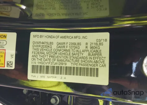 2018 Honda Accord Sport из США, поврежденный, VIN 1HGCV1F37JA125919